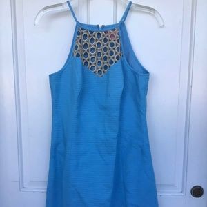 Lilly Pulitzer aqua sleeveless dress with gold embroidered circles size 2.